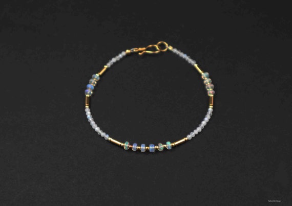 Moonstone bracelet with Ethiopian Welo opals, silver (925) gold-plated with hook closure