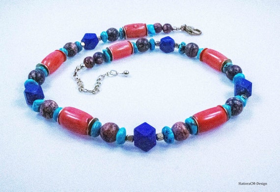 Leopard jasper necklace with lapis lazuli, turquoise and coral, gilded silver (925)