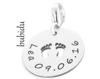 Silver charm with engraving, gift birth, jewellery