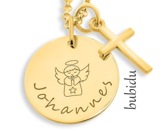 May include: Gold necklace with a round pendant featuring an angel and the name "Johannes". A small gold cross hangs from the pendant.