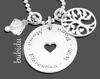 Name Necklace Silver Family Necklace Engraved Tree of Life