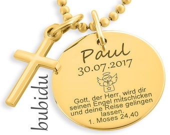 Taufe Schmuck, Taufkette Gold mit Kreuz, Taufschmuck Psalm, Geschenk Patenkind