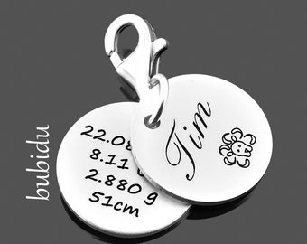 Pendentif avec dates de naissance CHARM GRAVURE Nom de naissance Bijoux en argent sterling 925 Pendentif cadeau jeune marraine Pendentif en argent avec nom