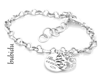 Gravure bracelet argent, bracelet baptême arbre de vie, prénom bracelet coeur bracelet baptême cadeau souhait gravure naissance personnalisé