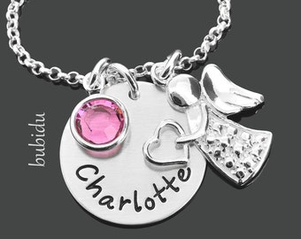 Name Necklace With Angel Guardian Angel Necklace Engraving Silver Jewelery Name Baby Pink Birthstone Silver Necklace Name Jewelery Girl