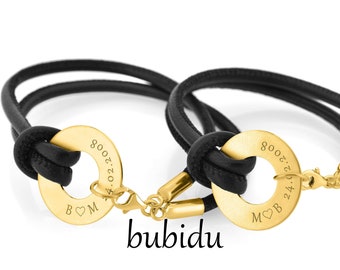 Leather bracelets with engraving high-quality partner bracelets with gold-plated name pendant black gold 2 bracelets couple gift wedding