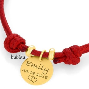 Pulsera 2 mm roja niña pulsera grabado con nombre colgante con grabado chapado en oro regalo bautizo oro pulsera infantil nombre fecha BUBIDU