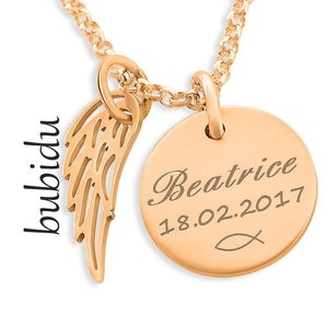 TAUFKETTE MIT FLÜGEL Taufschmuck Gravur Rosegold Taufe Kette Mädchen Taufgeschenk Schmuck zur Geburt Engelsflügel Namenskette Rosé Geschenk Bild 1