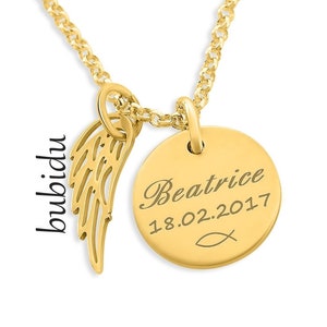 Christening Necklace Engraved Baptism Jewelry Gold Wings Baby image 1