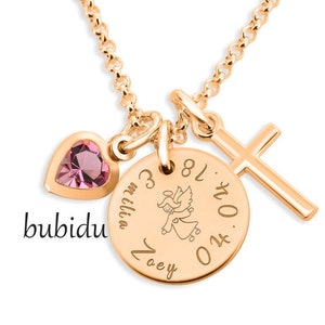 Collier de baptême en or rose, bijoux de baptême, croix, cœur, gravure, ange, cadeau, filleul, collier avec nom, argent 925, plaqué or rose, collier pour enfants, fille