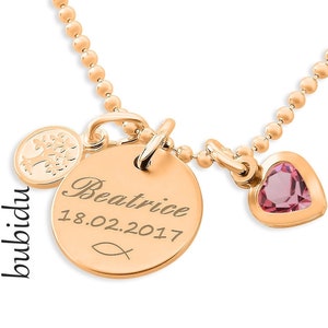 Taufkette Rosegold, Taufschmuck Gravur, Geschenk Geburt Taufe Kommunion Geburtstag , Anhänger Lebensbaum, Herzkristall, Namenskette Daten Bild 1