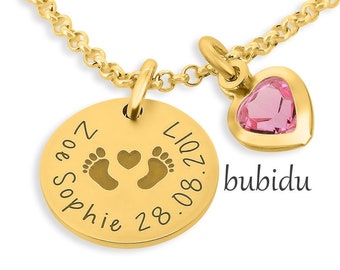 Nom Collier Mama Collier Gravure Mère Bijoux Bébé Pendentif 1.3cm Argent 925 Plaqué Or Noms Dates de naissance Enfants Baby Feet Heart Crystal