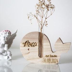 Regalo para bautizo con grabado de madera ballena pez con nombre fecha decoración mesa recuerdo bautizo pez jarrón personalizado regalo bautizo hucha cristal