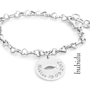 Armband Taufe 925 Silber Taufarmband Gravur Schmuck Kommunion Herzarmband Taufschmuck Ichthys Fisch Silberarmband Herzen Namensarmband Bild 1