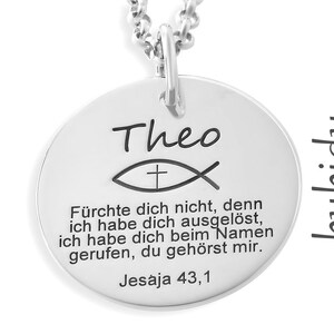 Taufkette Silber, Taufschmuck Jungen, Namenskette mit Gravur Taufgeschenk mit Taufspruch und Tauffisch Ichthys Kreuz Bild 1