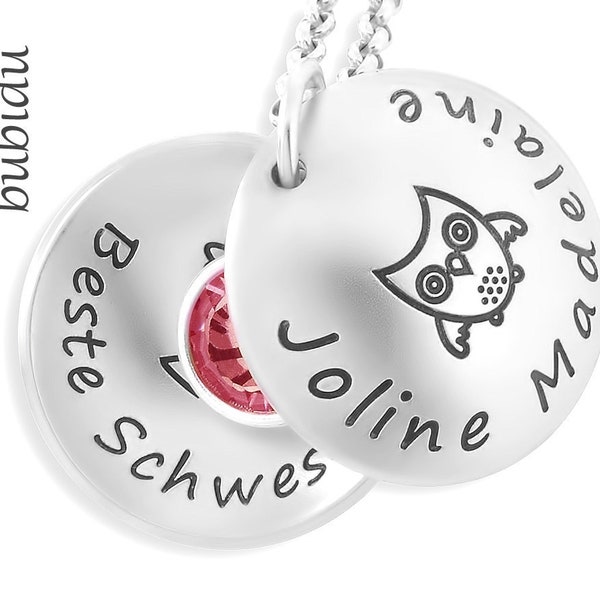 Kinderkette Gravur Medaillon Mit Namen Kinderschmuck Eule Geschenk Schwester Kette Text Eulenschmuck Kind Mädchen Silberschmuck owl BUBIDU