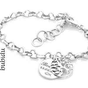 Gravure bracelet argent, bracelet baptême arbre de vie, prénom bracelet coeur bracelet baptême cadeau souhait gravure naissance personnalisé image 1