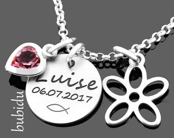 Christening necklace girls christening jewelry silver engraving flower