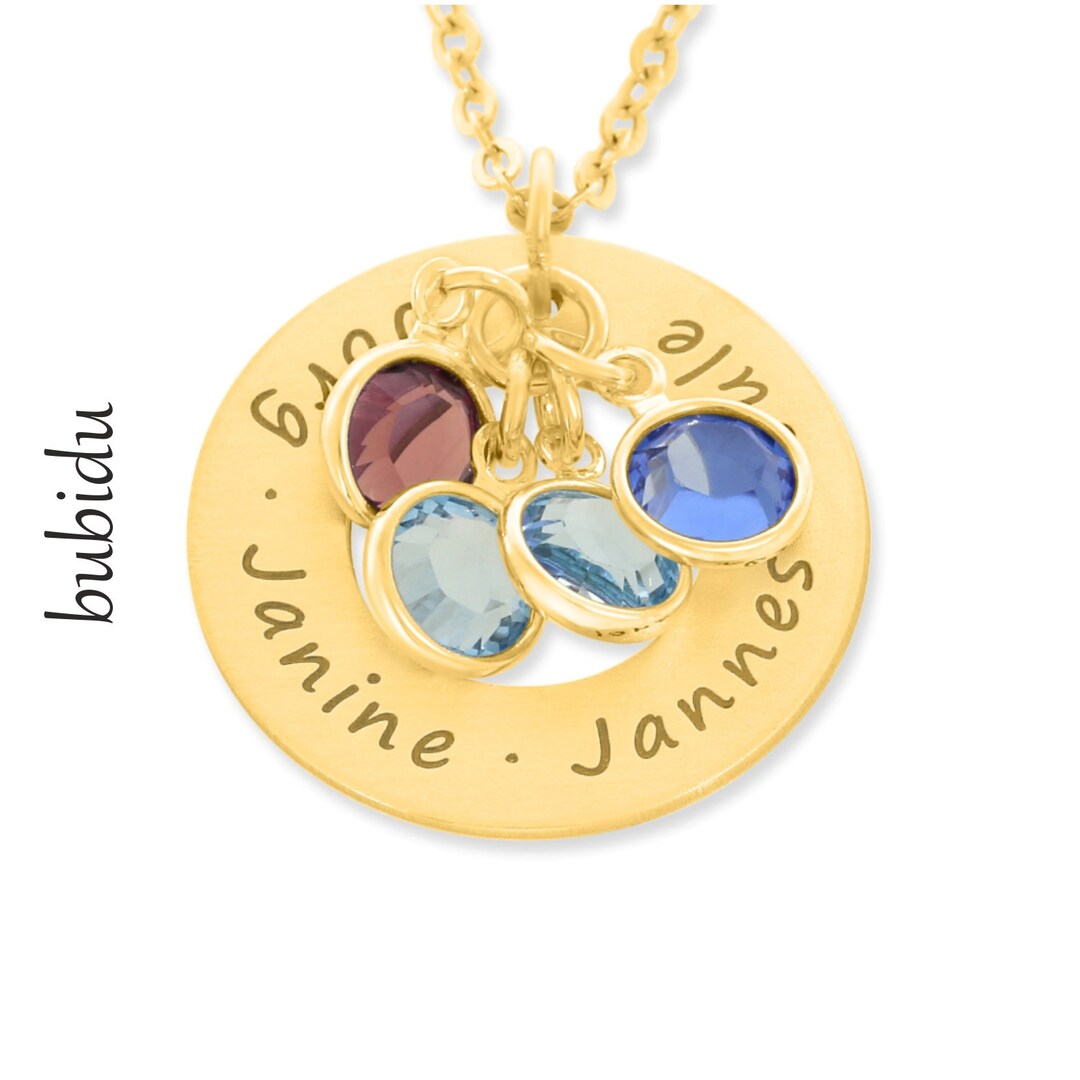 NAME NECKLACE ENGRAVING Names Children Family Necklace Gold Birthstone