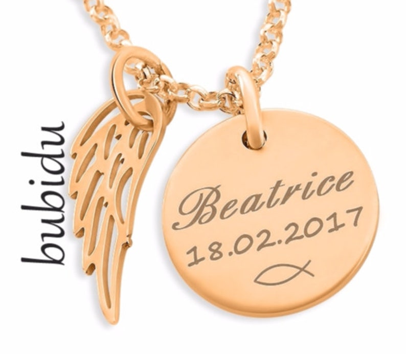 TAUFKETTE MIT FLÜGEL Taufschmuck Gravur Rosegold Taufe Kette Mädchen Taufgeschenk Schmuck zur Geburt Engelsflügel Namenskette Rosé Geschenk Bild 3