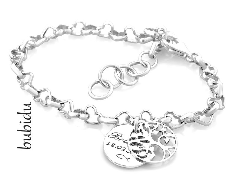 Gravure bracelet argent, bracelet baptême arbre de vie, prénom bracelet coeur bracelet baptême cadeau souhait gravure naissance personnalisé image 4