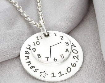 Birth necklace, time necklace, engraved name necklace, 925 silver christening necklace, jewelry for christening, communion, gift for mom, children's necklace, pendant, watch