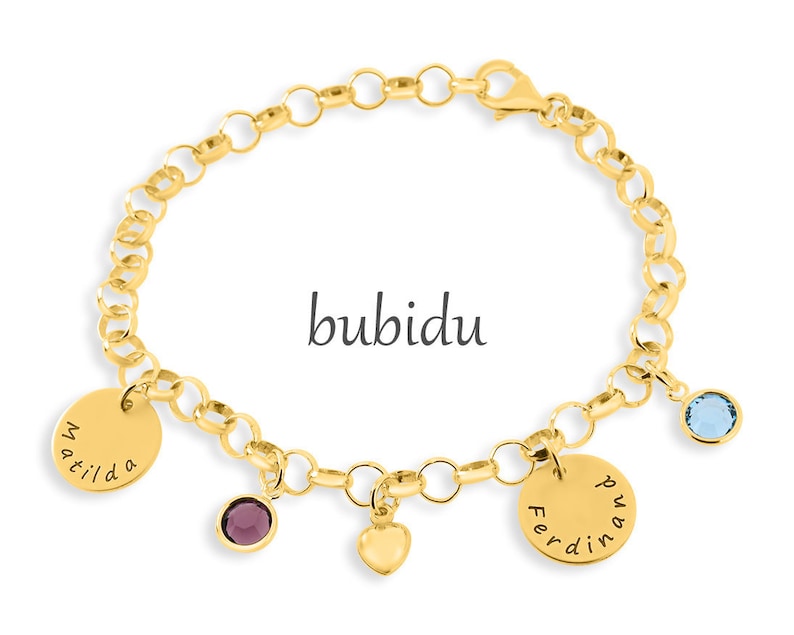 Bracelet gold engraving, family bracelet with name, charm bracelet, gold-plated silver bracelet, month stone, heart pendant image 3