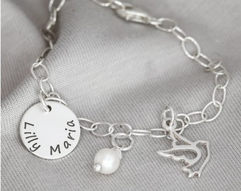 Taufe Armband Gravur, Namensarmband, Geschenk zur Einschulung, Kommunion Konfirmation, Taufarmband mit Taube, Perle, Kinderschmuck