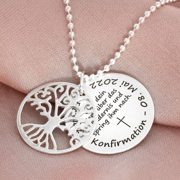 Silberschmuck 925 Sterling Silber Lebensbaum Anhänger Kette Konfirmation Gravur Spruch Psalm Taufspruch Taufkette Halskette Kommunion Kind