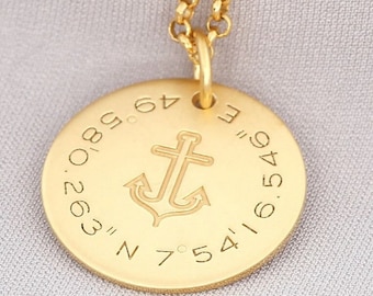 Coordinates jewelry, pendant with anchor motif gold, engraving anchor, gold-plated silver chain with coordinates pendant, family name chain