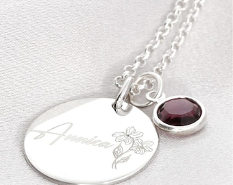 Collier prénom avec gravure fleur mensuelle - plaque argent poli - gravure prénom - cadeau d'anniversaire - collier enfant