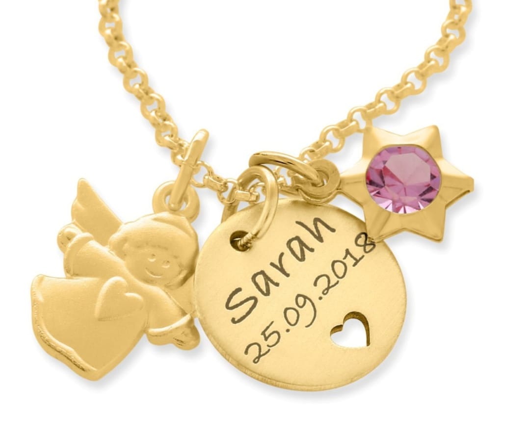 Christening Necklace Goldplated Name Necklace Angel Pendant Necklace Engraving Gift Baptism