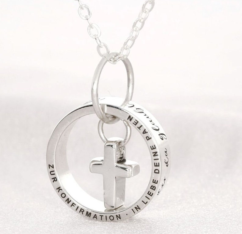 Pendentif bague avec croix pour confirmation bijoux de baptême personnalisés collier de communion pendentif avec gravure souhaitée,religieux image 1
