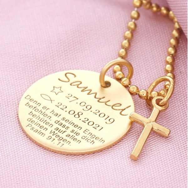 17 mm pendant matt baptism chain with gold-plated cross, baptism jewelry, cross pendant gold, godparent gift, name jewelry baptism date symbols psalm