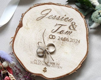 Porte-bague de mariage personnalisé avec gravure de noms de vœux, bagues de mariage, porte-alliances, porte-bague de mariage, porte-bague en bois, disque d'arbre, mariage