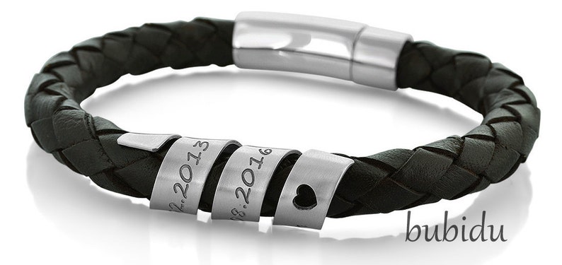 Bracelet homme noir gravure bracelet en cuir homme personnalisé bracelet homme texte 925 argent écriture cuir cadeau père papa grand-père ami image 2