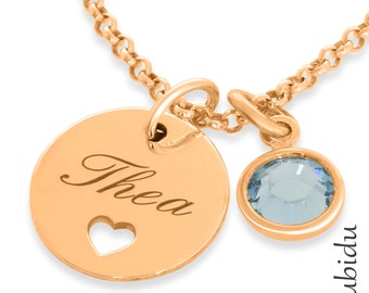 Naamketting met hartje, verguld roségoud, hanger, kindersieraden, doopketting met naamgravure, geboortesteen, doopsieraden, communiesieraden, vormselsieraden