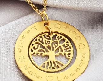 Kette Lebensbaum Schmuck Gravur Gold Familienkette mit Namen Geschenk Oma Damenschmuck tree of life Halskette Frau Herzen Kette Text BUBIDU