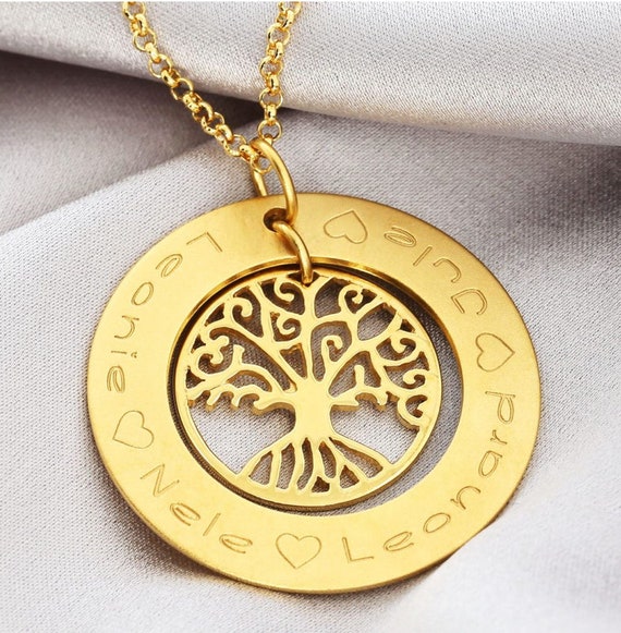 Kette Lebensbaum Schmuck Gravur Gold Familienkette mit Namen Geschenk Oma Damenschmuck tree of life Halskette Frau Herzen Kette Text BUBIDU