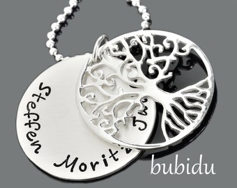 Bijoux avec gravure, collier avec nom, collier de famille, arbre de vie, argent