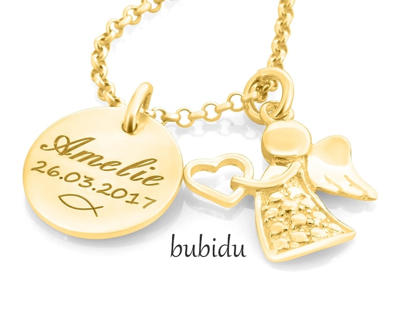 Christening necklace with angel, baptism jewelry gold engraving, baby children's jewelry, gold-plated silver name necklace, gift godparents image 2