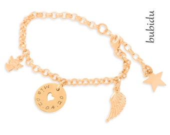 Name bracelet rose gold plated baptism bracelet engraving heart pendant jewelry star child communion baptism wing guardian angel bracelet