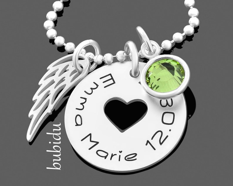 Collier Enfant Collier Prénom Gravé Argent Ailes Coeur image 1