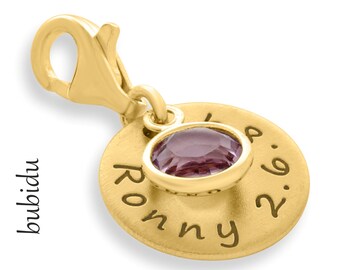 Schmuckanhänger vergoldet Charm Anhänger Gravur personalisierter Name 925 Silber Geburtsstein Namensschmuck Geschenk zur Geburt Taufe