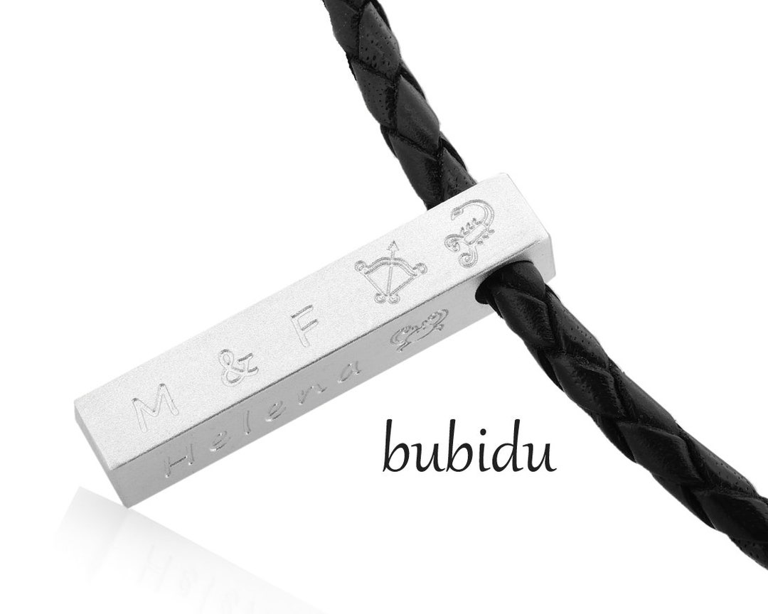 CHAIN MEN ENGRAVING Men's Chain Name Leather Men's Chain Text Leather Chain Man Black Bar