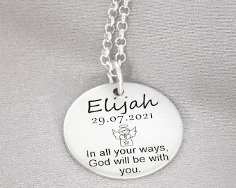 Baptism necklace 925 sterling silver baptismal jewelry engraving name necklace baptism boy girl silver necklace baby birth godchild saying necklace Psalm Baby