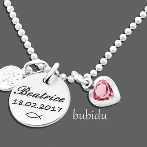 Baptême Chaîne Gravure Fille Bijoux Baptismaux Argent Cadeau Collier Baptême Rose Coeur Arbre de Vie Enfants Chaîne Sainte Chaîne Baptismale Nom Ichthys image 4