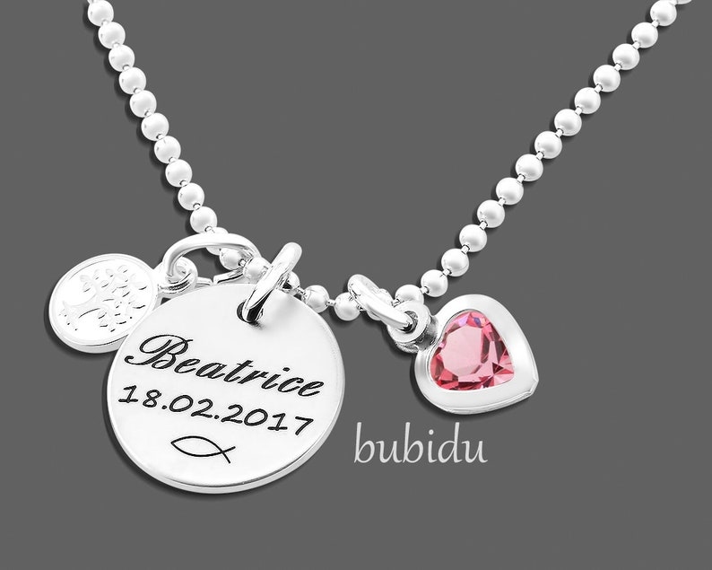 Baptême Chaîne Gravure Fille Bijoux Baptismaux Argent Cadeau Collier Baptême Rose Coeur Arbre de Vie Enfants Chaîne Sainte Chaîne Baptismale Nom Ichthys image 4