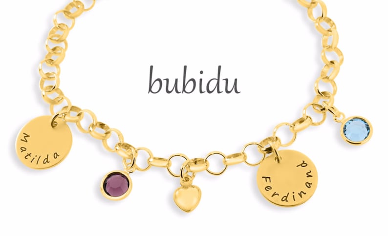 Bracelet gold engraving, family bracelet with name, charm bracelet, gold-plated silver bracelet, month stone, heart pendant image 5