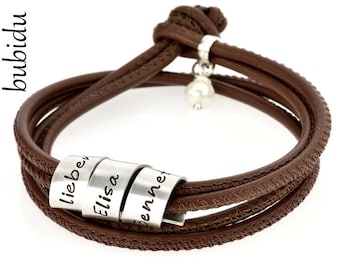 LEATHER STRAP WITH ENGRAVING | Women's Bracelet With Name Brown Bracelet Leather with Desired Engraving Gift Wife Pearl Wrap Bracelet with Name